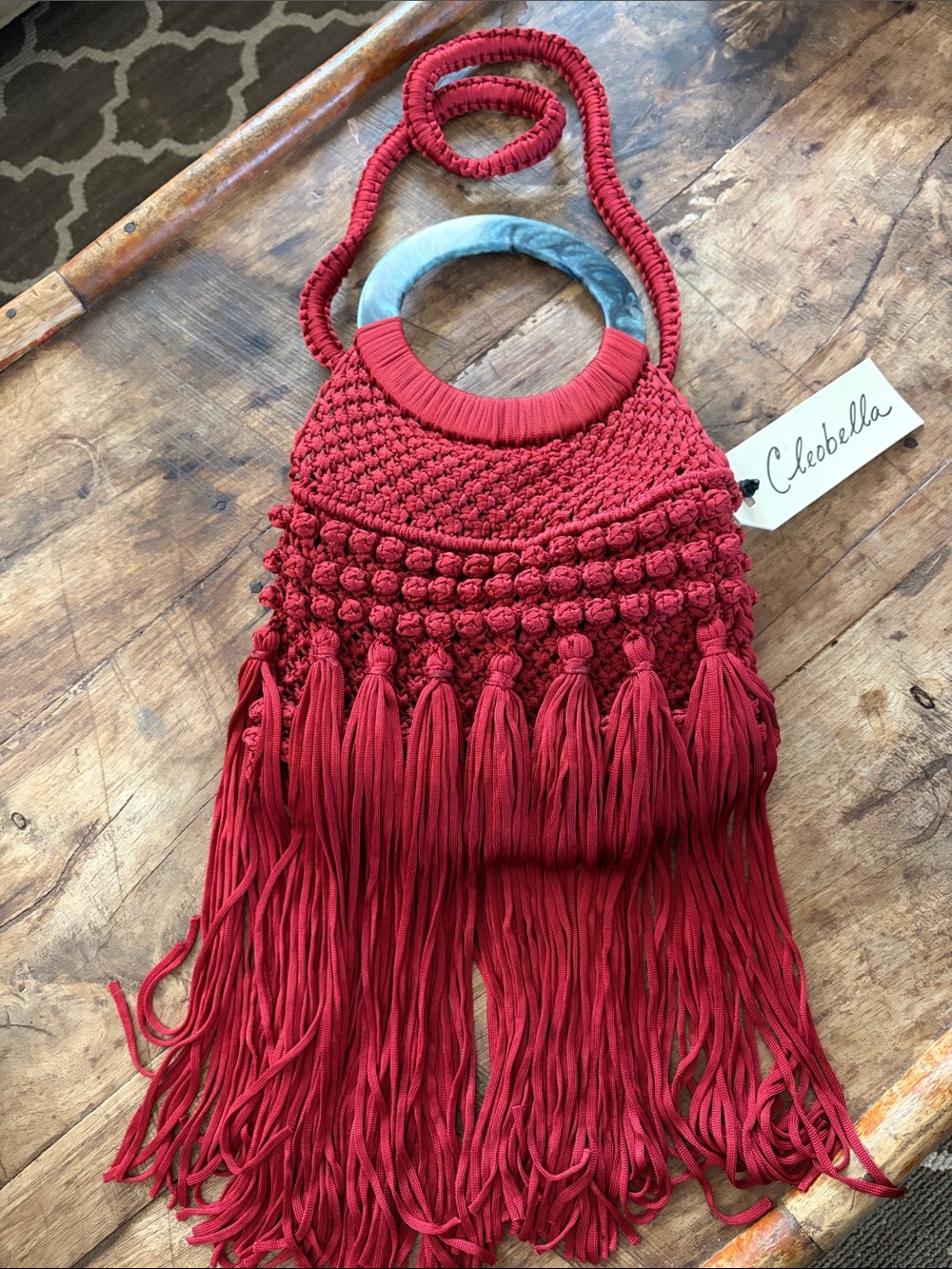 Cleobella Crimson Red Macramé Fringe Mini Bag with Ring Handles